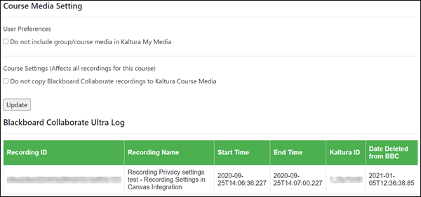 Course Media Settings page, with "Do not include group/course media in Kaltura My Media," "Do not copy Blackboard Collaborate recordings to Kaltura Course Media," and Blackboard Collaborate Ultra Log.