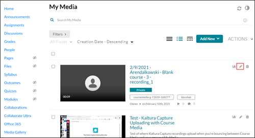 Kaltura My Media page within a Canvas course. Pencil-shaped Edit icon next to a video is highlighted.