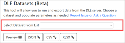 DLE Datasets tool with the Reports dropdown menu highlighted
