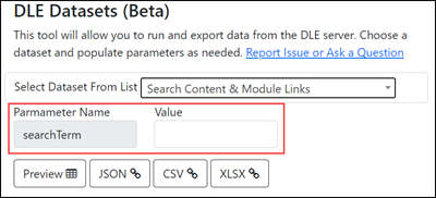 DLE Datasets tool with ParameterName: Searchterm and the text entry box highlighted.