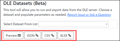 DLE Datasets screen with four output formats selected: preview, JSON, CSV, and XLSX.