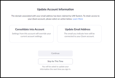 Zoom account consolidation message, offering the user the choice to move their account to the UWSA license or to change email addresses.