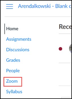 Canvas course navigation with Zoom link highlighted. This link won't work for UW Madison users.