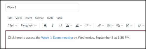 Editing screen for a Canvas page where the instructor is adding a text link to a Zoom meeting.