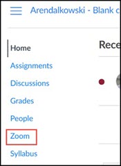 Canvas course navigation menu with the "Zoom" link highlighted.