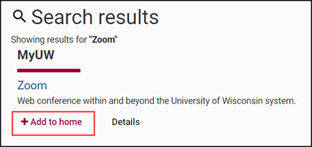 Portal search results screen with "Add to home" highlighted for the Zoom widget.