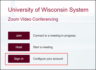 UW System Zoom Video Conferencing page with "Sign in" button highlighted