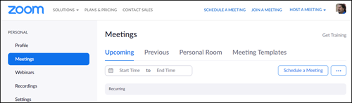 Meetings page of a user's Zoom account with headings for Upcoming, Previous, Personal Room, Meeting Templates.