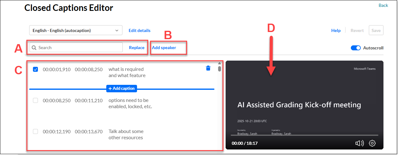 Screenshot with sections labeld A through D