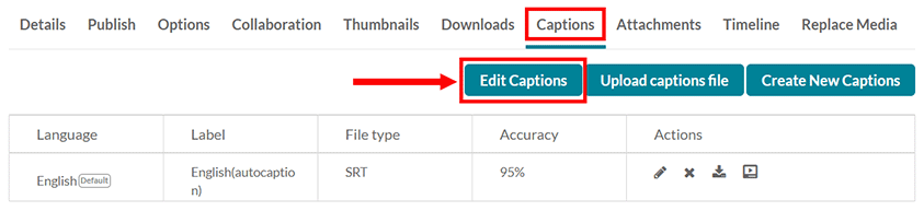 The Captions tab of the Edit menu for a Kaltura media entry, with the Edit Captions button highlighted.