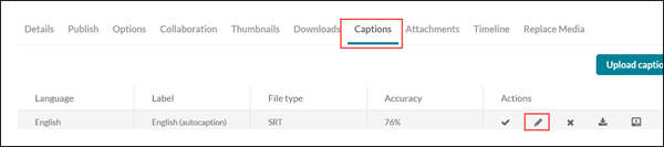 Kaltura edit entry screen with the Captions tab highlighted and the pencil-shaped Edit icon in the Actions menu highlighted.