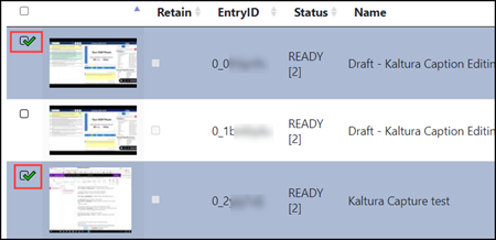 List of video entries in the Kaltura Admin Tool, with two of the entries checked off.