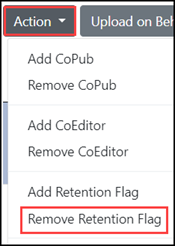Action menu with the Remove Retention Flag option highlighted.