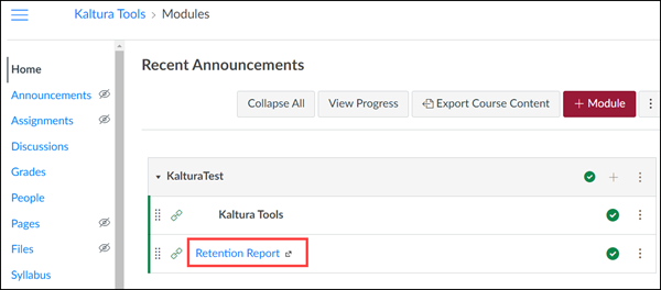 Home page of the Kaltura Tools course with the Retention Report link highlighted.