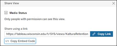 Share view dialog box for Media Status report. Includes options for "Share using a link" and "Copy embed code."