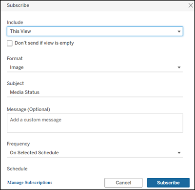 Subscribe dialogue box, with options for what to include, the format, subject, message, and frequency.