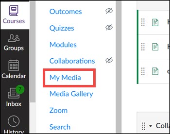 Canvas course navigation menu with a link to "My Media" highlighted.