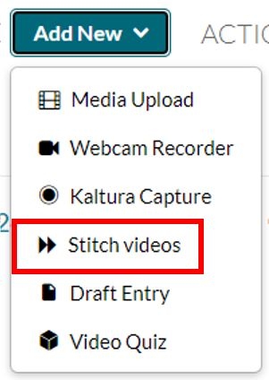 Screenshot of Add New menu, select Stitch Videos.