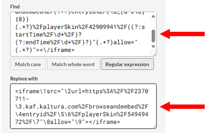 Screenshot of the Find and Replace page with the Find and Replace With fields highlighted and containing the regular expression codes from steps 5 and 6