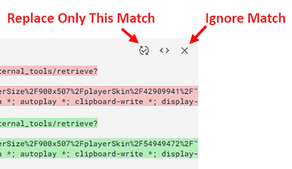 Screenshot of an individual search match with arrows pointing to the button for ignoring the match and the button for replacing only that match 