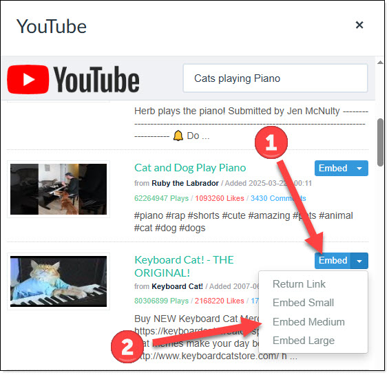 arrow labeled 1 pointing at embed button, arrow labeled 2 pointing at size options.