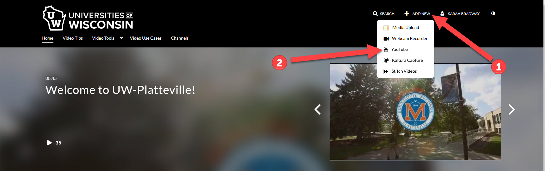 arrow labeled 1 pointing at Add New button, arrow labeled 2 pointing at YouTube option.