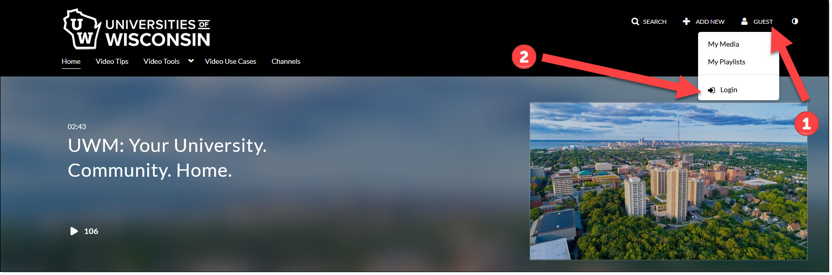 Arrow pointing at Guest link in upper right corner