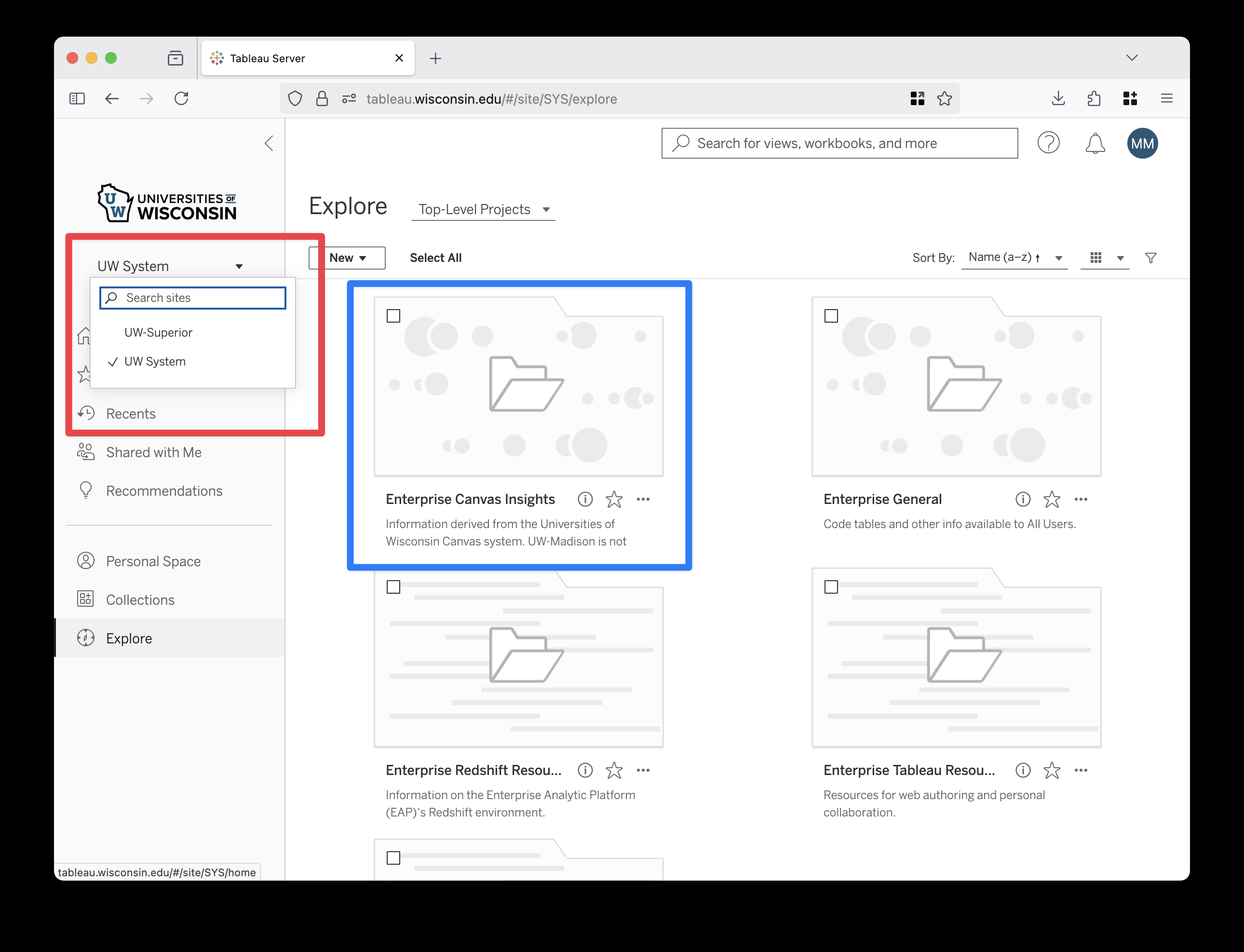 screenshot of site selector dropdown menu