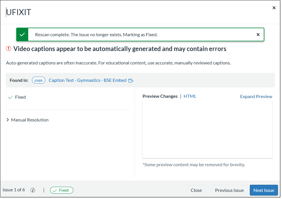 Message added to error window indicating error has been fixed.