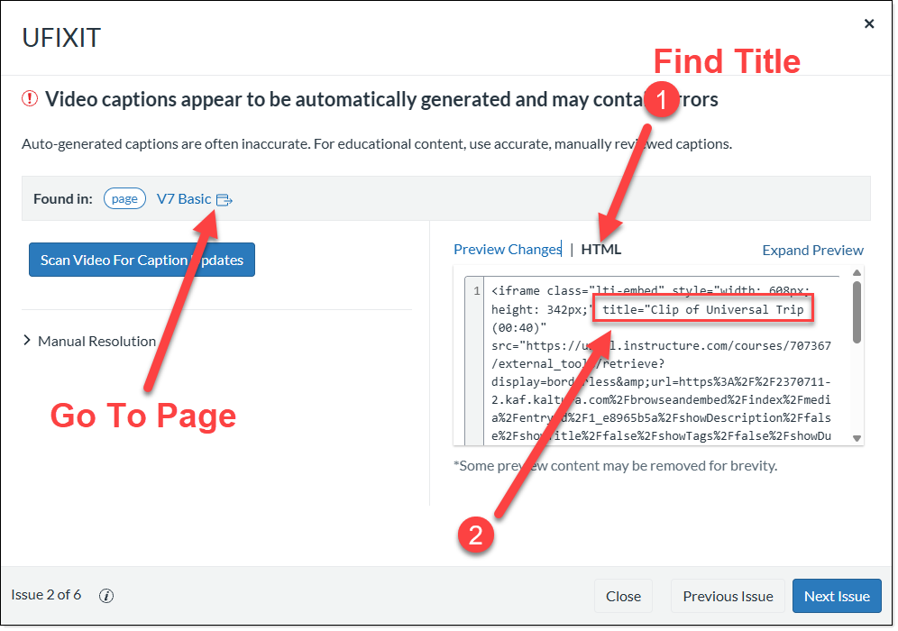 arrow pointing at canvas page title, another set of arrows labeled "Find Title" with first arrow pointing at HTML, and second pointing at the title field in the html code.