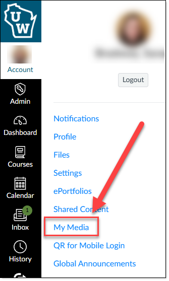 Canvas Account menu with error pointing at MyMedia