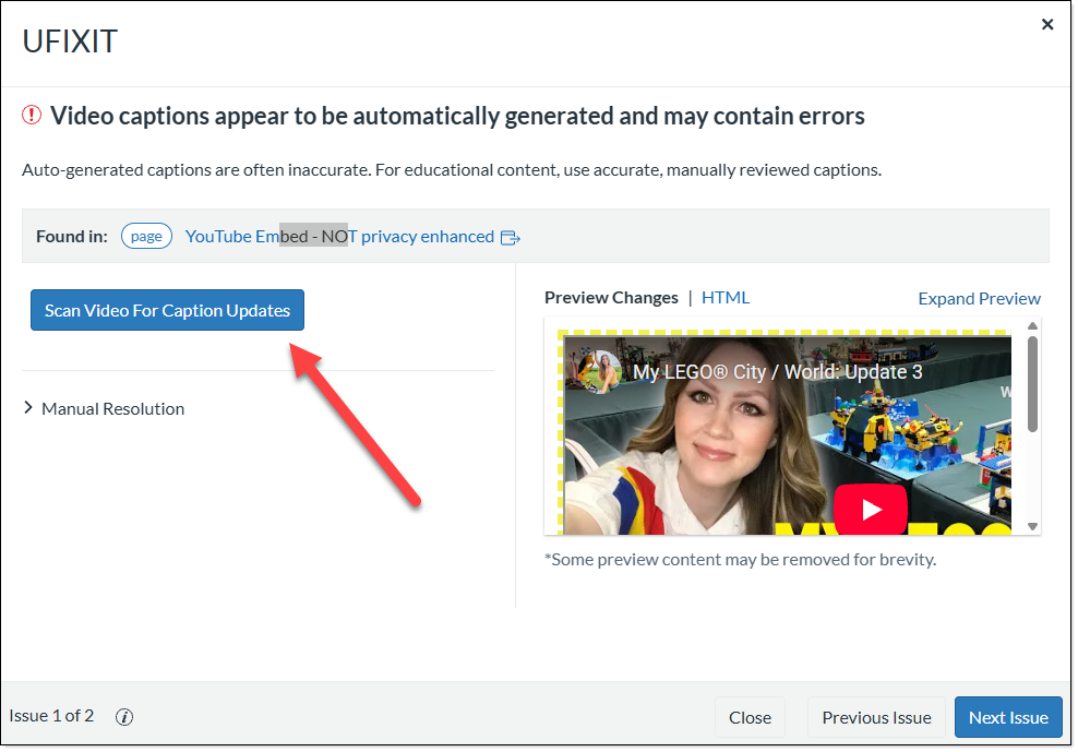 Video Error window with arrow pointing at Scan Video for Caption Updates