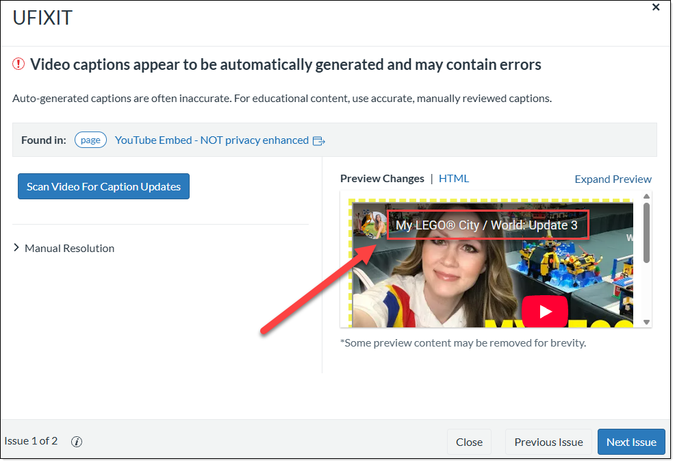 window with a Scan for Video Caption Updates button, a thumbnail of the video and a manual resolution expansion arrow.