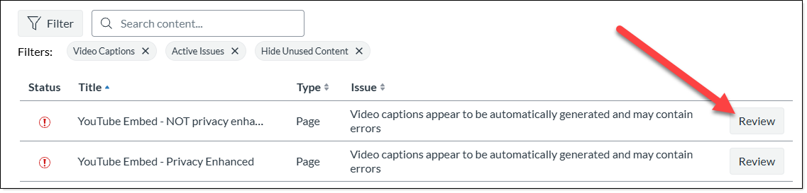 List of errors with a review button to the right of each error link.
