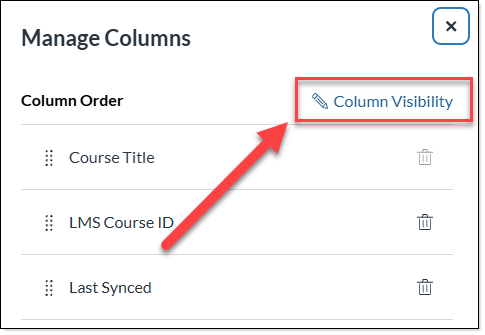 arrow pointing at column visibility link located in upper right corner.