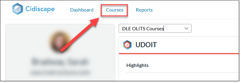arrow pointing at courses link located at top of page