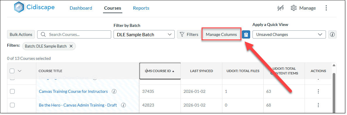 arrow pointing at manage columns button