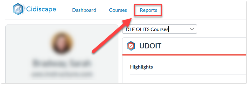 screenshot with arrow pointing at Reports link
