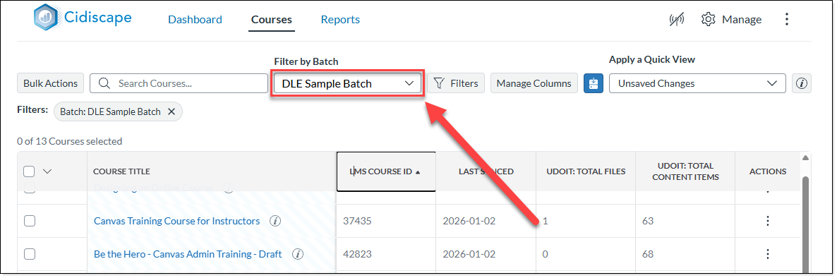 arrow pointing at Filter By Batch dropdown