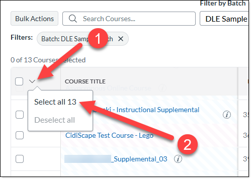 arrow labeled 1 pointing at select all dropdown, arrow lableled 2 pointing at option to select all courses in the batch