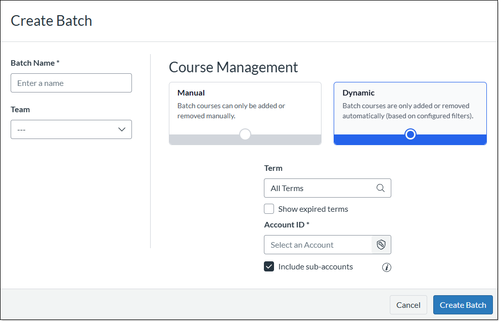 screenshot of the form to be completed when creating a batch.
