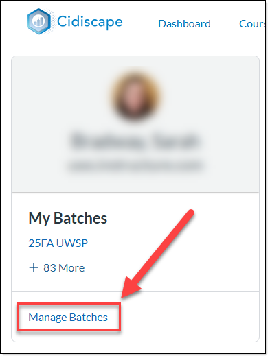 screenshot of left side panel with arrow pointing at Manage Batches link