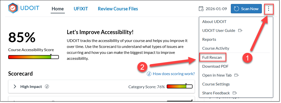 screenshot of UDOIT dashboard with arrow labeled 1 pointing at the kabob menu in the upper right and an arrow labeled 2 pointing at the full rescan option.