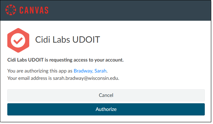 screenshot of UDOIT screen with Authorize button