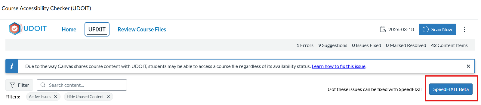 Screenshot of UFIXIT screen with a red box around the SpeedFIXIT button on the right side of the image.