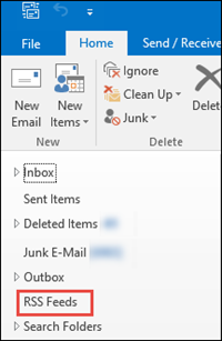 Outlook's email folder list, with the RSS Feeds folder highlighted.