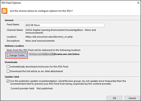 RSS Feed Options. Click Change Folder.