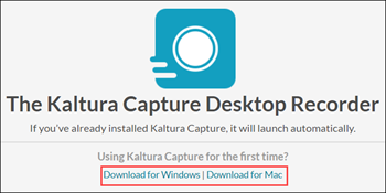Kaltura Capture landing page, with Download for PC and Download for Mac links highlighted.