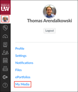 Canvas Account menu with My Media highlighted.