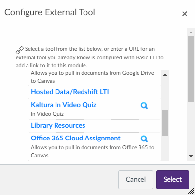 Canvas "Configure External Tool" menu saying "Select a tool from the list below, or enter a URL..."